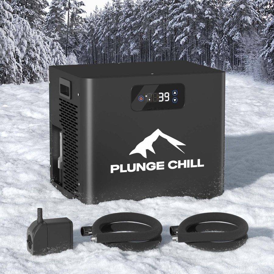 The PlungeChill cold plunge chiller with its pump and two hoses, on snow